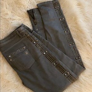 Roberto Cavalli metallic finish pants jeans Italy grommet embellished zipper